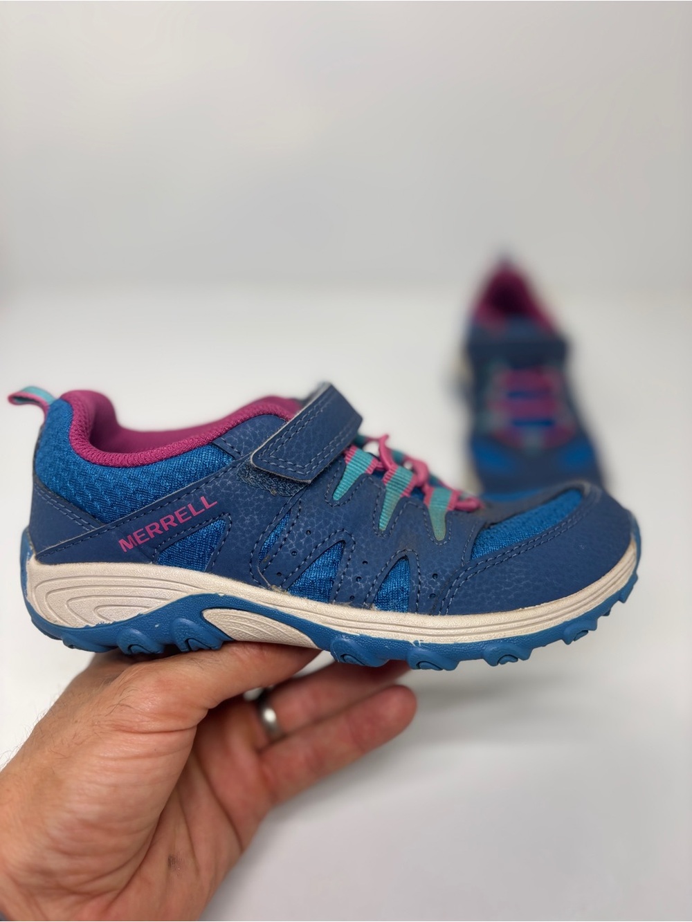 Merrell Kids Trail Running Hiking Shoes Blue Pink Hook & Loop Size 1 EU 32 - Picture 6 of 13